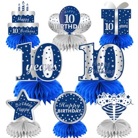 Kauayurk 8Pcs 10th Birthday Honeycomb Centerpieces Decorations for Boys, Blue Silver 10 Year Old Birthday Table Centerpiece Party Supplies, Ten Birthday Table Topper Decor Sign
