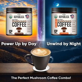 La Republica Organic Instant Mushroom Coffee (2.5oz) + Decaf (2.5oz) - 70 Servings with Coasters & Mixing Spoon - 100% Arabica with Lion's Mane, Reishi, Chaga, Cordyceps, Shiitake, Maitake, Turkey Tail