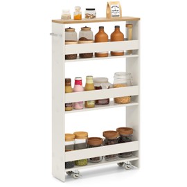 SILKYDRY Slim Rolling Storage Cart, 4 Tier Narrow Kitchen Cart with Wheels, Between Washer and Dryer Cart, Wood Shelving Unit Organizer w/Handle for Small Spaces (White & Natural, 5-Inch)