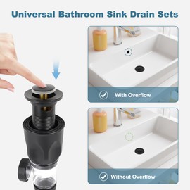 iFealClear Bathroom Sink Drain Kit, Flexible P-Trap Drain Pipe with Pop Up Stopper, Expandable Bathroom Sink Pipe Replacement with 2 Adapters, Fits 1-1/4'', 1-1/2'', 2" Holes, Hair Catcher, Black