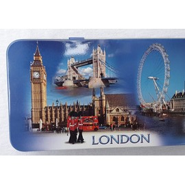 Blue Sky London Photo Collage Metal Pencil Case - Big Ben - Tower Bridge - Buckingham Palace - Westminster Abbey - Eye - Royal Guard - Red Double Decker Bus - British UK Souvenir for School or Office