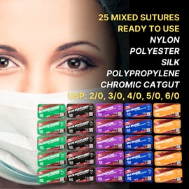 Suture Threads with Needle (25 PK Mixed Dissolvable and Non-Dissolvable) 2-0, 3-0, 4-0, 5-0, 6-0: Camping Survival Demo, Military Tactical Drill, Clinic Rotation Suturing, First Aid Travel Safety Demo
