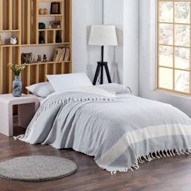 Aegean Concept Blanket, Vintage Boho Rustic 100% Cotton Super Soft 90"x102" (230 cm x 260 cm) King Size,Adult Turkish Muslin Light, Cozy Couch Bedcover King Blankets, Light Grey