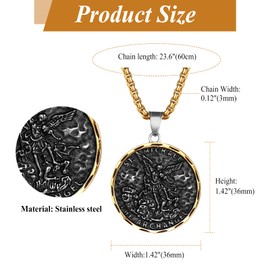 JewelryWe Men’s St Michael Necklace - Stainless Steel Round Shield Archangel Pendant with Chain for Religious Daily Wear Father’s Day Gift