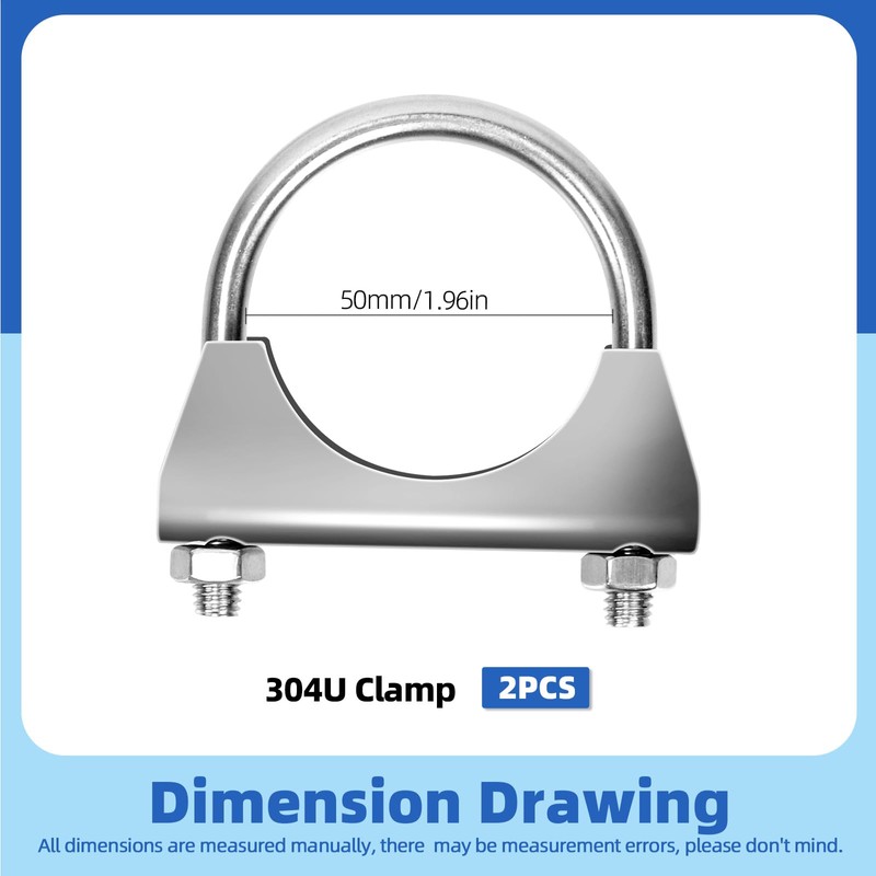 Glarks 2Pcs 304 Stainless Steel Exhaust U-Clamps 50MM (2in) Muffler