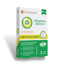 Vitamin D3 Tablets 2000iu 3 Month Supply - Premium Grade Vitamin D Supplements by Healthmarque UK; 50mcg, 90 Tablets, Bone, Muscle & Immune Support
