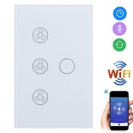 Touch Fan Switch, Smart WiFi Air Fan Lamp Touch Switch, Tempered Glass Panel Wall Touch Switch Voice Control Compatible for Google Home (White)