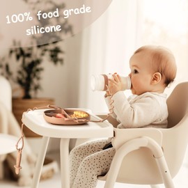 YIVEKO Baby Plates with Suction Silicone Baby Spoons Divided Baby Plates Silicone Baby Safety Toy Straps Baby Bottle Bungees Baby Feeding Set All-in-one-Sage