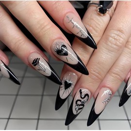 LPOODDNU Black French Tip Press on Nails - Long Stiletto Fake Nails with Snake Heart Spider Web Designs, Glossy Finished Reusable False Nails with Glue Tabs - 24Pcs Nail Kit for Women Manicure