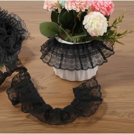 2 Inch Black Chiffon Lace Ruffle Trim 2-Layer Pleated Edge 6 Yards Crafts