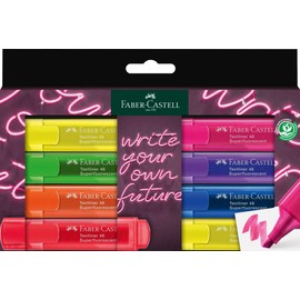 Faber-Castell 254601 Neon Highlighter Pens with Precision Chisel Tip, Bright Neon Colours, Ergonomic Flat Design, Pack of 8