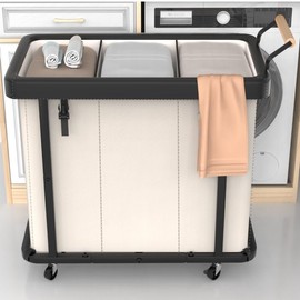 60 Gal (230L) Laundry Hamper 3 Section with Lid, Leather Patchwork Laundry Sorter with Rolling Lockable Wheels and Handle, Laundry Basket Organizer for Laundry Room, Bedroom and Bathroom - Beige