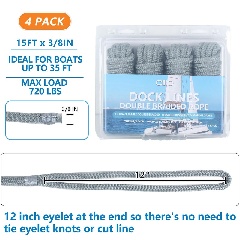 Dock Lines 15' x 3/8" Double Braided Marine Mooring Ropes