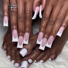 Square Press On Toenails Duck Fake Nails French Tip False Nails With Alligator Print Design White Glue On Nails Full Cover Artificial Nails Glossy Stick On Nails For Women 48pcs