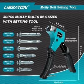 LIBRATON Molly Bolts for Drywall & Plaster Walls (0.12"-1.52"), 30PCS in 6 Sizes with Setting Tool, Heavy Duty Hollow Wall Metal Anchors Screws Kit, Holds Up to 65lbs, for TV, Shelf, Mirror