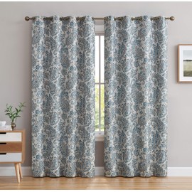HLC.ME Amalfi Paisley Faux Silk 100% Blackout Bedroom Room Darkening Thermal Lined Curtain Grommet Panels - Energy Efficient, Complete Darkness, Noise Reducing - Set of 2 (Blue, 52" W x 72" L)