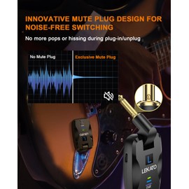 LEKATO 2.4Ghz Wireless Guitar System Exclusive Mute Plug for Electric Guitar Bass, Audio Wireless Guitar Transmitter and Receiver with 18 Channels Rechargeable Guitar Wireless System for Guitar