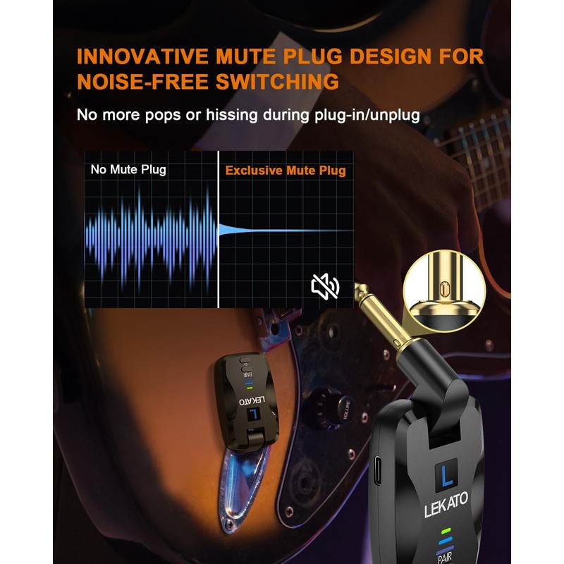 LEKATO 2.4Ghz Wireless Guitar System Exclusive Mute Plug for Electric