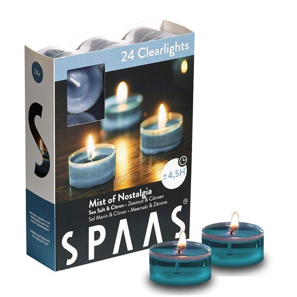 Spaas 24 Scented Clearlights, Tealights in Transparent Clear Cup, ± 4.5 Hours, Mist of Nostalgia
