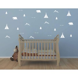 Set of Woodland Bears, Arrows, Teepees, Trees and Mountains Wall Decals, Vinyl Stickers for Bedroom, Living room, School, Nursery Wall Decals(A41) (White)