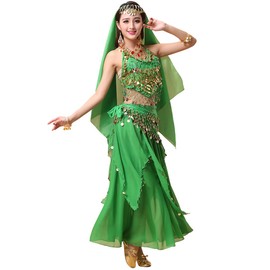milicross Belly Dance Costume, 4-piece Set, Total of 11 Colors (Green/One Size Fits All) Stage Costume (Tops, Skirt, Veil, Hip Scarf), Beginners, Belly Dance Costume, Lesson Wear, Stage, Cosplay