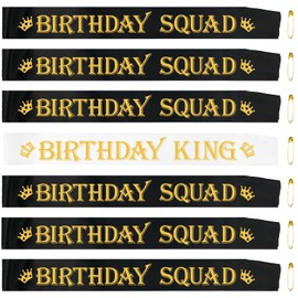 SKJIAYEE 7 Pcs Birthday King Sash and Birthday Squad Sashes Set, Funny Birthday Sashes for Men Birthday Party Supplies Gifts Favors, Black+White (Gold Letters)