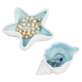 NBEADS 2 Pcs Ocean Theme Ceramic Jewelry Tray, 2 Styles Blue Shell Conch Trinket Plate Decorative Ring Earring Holder for Necklaces Bracelet Rings Earrings Jewelry Watch Keys