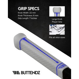 Buttendz Flux Z Hockey Stick Replacement Grip, Reusable Design, Large Knob, Player Grip for Maximum Power, Accuracy and Racket Control, Fits All Racket Sizes (White, Blue)