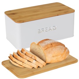 Culinary Couture White Bread Box for Kitchen Countertop with Bamboo Lid - Large Airtight Bread Box for Homemade Bread - Storage Bread Box with Cutting Board Lid