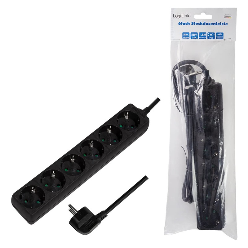 LogiLink LPS238B Power Strip with 6 Earthing Contact Sockets (45°