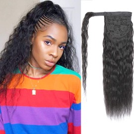 Corn Wave Ponytail Human Hair Extension Black Color Brazilian Hair Clip in Wrap Around Corn Wave Human Hair Ponytail 10A Grade Ponytail Hair Full Thick Bouncy Hair 130 Gram 16 Inch