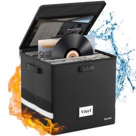 DocSafe Vinyl Record Storage Box with Lock,Fireproof＆Water Resistant Record Organizer Storage for 100+ Single Records(12-inch),Collapsible Storage Crate with Lid&Handles for Valuable Album Collection