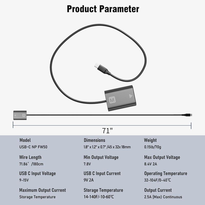 F1TP USB-C PD to NP-FW50 ZV-E10 Dummy Battery Continuous Power