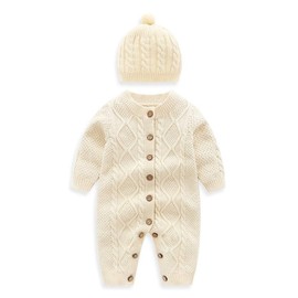 Auro Mesa Newborn Baby Knit Romper with hat Beige Infant Baby Knitted Clothes Baby Onsie (90cm (18-24M))