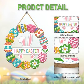 Rutiyoka Easter Decoration Wooden Wreath for Front Door Decor Happy Easter Sign Spring Decoration, Bunny Sign Flower Egg Rabbit Welcome Hanging Signs for Home Wall Decor Party Outdoor Indoor