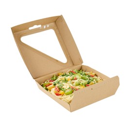 Restaurantware-Eco Tek 8 x 8 x 3.25 Inch Clamshell Containers, 100 Disposable To Go Food Containers - Corrugated, Side Vents, Kraft Paper Take Out Containers, Clear Window, For Salad, Or Sandwiches