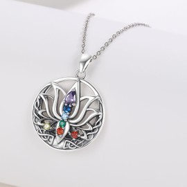 YEESIA 7 Chakra Lotus Pendant Necklace, 925 Sterling Silver Celtic Knot Yoga Chakra Necklace, Lotus Chakra Gifts, Spiritual Jewelry for Women and Mothers, Sterling Silver