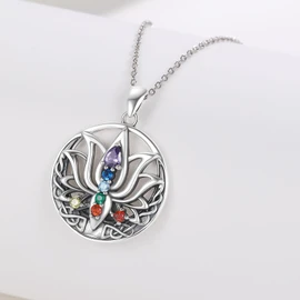 YEESIA 7 Chakra Lotus Pendant Necklace, 925 Sterling Silver Celtic Knot Yoga Chakra Necklace, Lotus Chakra Gifts, Spiritual Jewelry for Women and Mothers, Sterling Silver