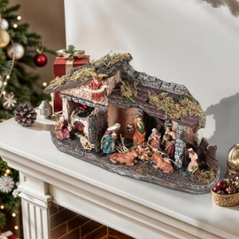 Ultym Nativity Scene Set with LED Lights,15.3" Resin Holy Family Character Stables Sculpture Manger Figurine for Indoor Tabletop Fireplace Christmas Decorations