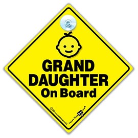 Granddaughter On Board Sign, Baby On Board Sign, Grandchild On Board Car Window Sign, High Visibility Advisory Car Sign Designed to Let Other Road Users a Child is in The Car, 14 cm x 14cm x 2cm