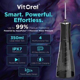 Vitoral Professional Cordless Water Flosser for Teeth & Gum Health | Premium IPX7 Waterproof Oral Irrigator & Plaque Remover | Deep-Clean Dental Jet with 4 Smart Modes, 350ml Home & Travel (Black)