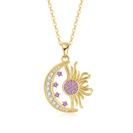 Sun and Moon Pendant Necklace, Gold Plated Chain with Purple and Clear Crystal Stones