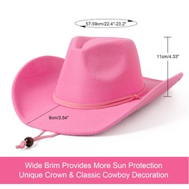 Lanzom Women Men Retro Felt Wide Brim Western Cowboy Cowgirl Hat Dress Up Hat with Wind Lanyard(Pink,Medium)