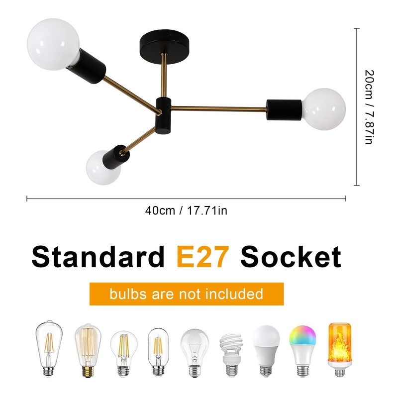 SENQIU Sputnik Ceiling Light, Black Golden Semi Flush Mount Ceiling