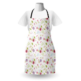 Ambesonne Floral Country Apron, Pattern of Scattered Garden Flowers Leafy Branches Hearts Hand Drawn Like, Unisex Kitchen Bib with Adjustable Neck for Cooking Gardening, Adult Size, Multicolor