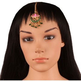 NEW! Touchstone Indian Bollywood Indian Bollywood Meenakari Enamel Lotus Glass Beads Designer Jewelry Mangtika In Gold Tone For Women.