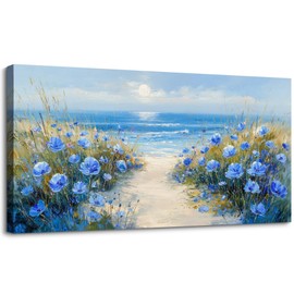 SLYCAY Coastal Landscape Large Wall Art for Living Room, Beach Sunrise Canvas Prints, Nature Blue Florals Ocean Paintings Modern Farmhouse Decor, Bedroom Kitchen Bathroom Office Home Decor 20"X40"