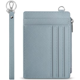 SEAVILIA Credit Card Holder for Women Small Wallet RFID Leather Slim Wristlet Keychain Wallet With Zipper Pocket, ID Window (Cros Blue)