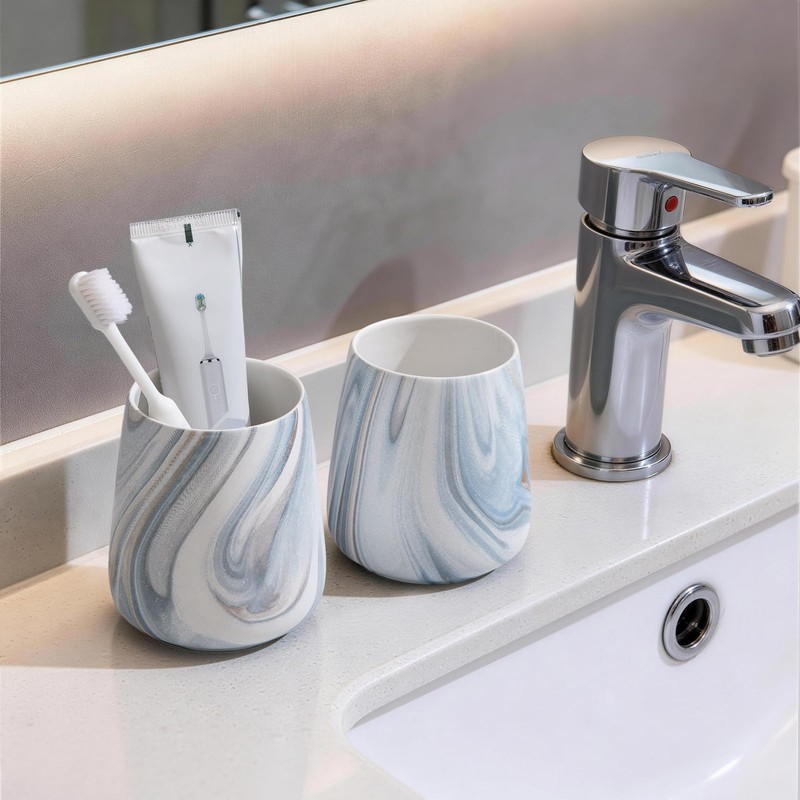 2Pcs Toothbrush Holder for Bathroom - Marble Blue Ceramic Tooth