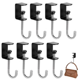 cobee Clamp-On Under Desk Hooks, Desk Mount Hanging Bag Holder Metal Hook Adjustable Headphones Clamp Organizer Portable Purse Hanger Clip Reduce Desk Clutter Table Desk Under Counter (8 Pcs, Black)
